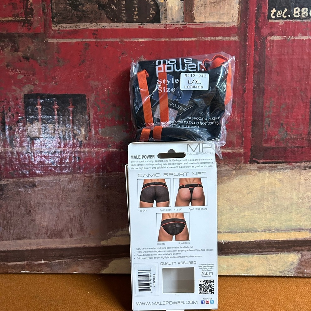 Male Power Camo Sport Net Sport‎ Strap Thong L/XL Black Orange 412-243 - Picture 3 of 3